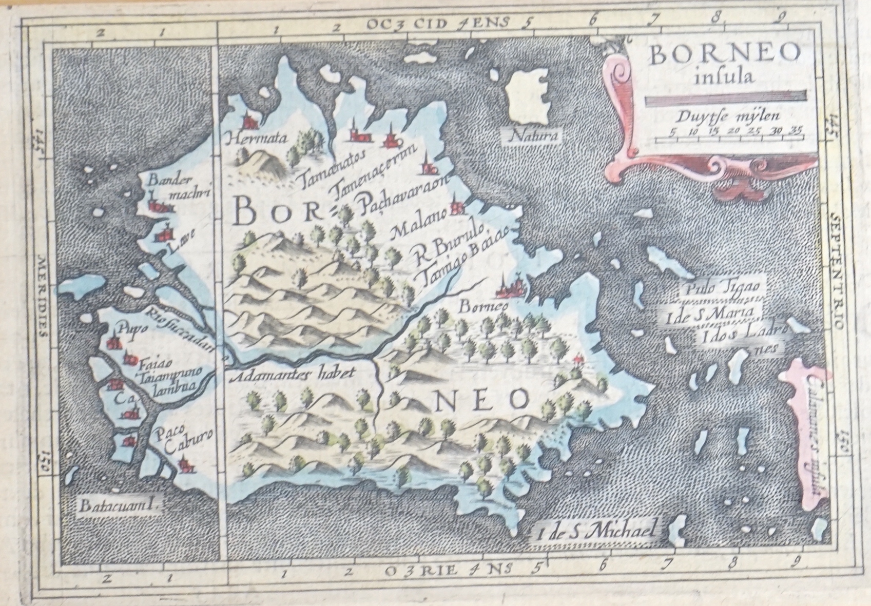 Petrus Bertius (1565-1629), miniature hand coloured map, Borneo Insula, 9.5 x 14.5cm